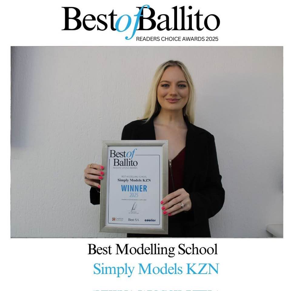 Simply Models KZN holding the Best Modelling School award certificate at Best of Ballito Readers' Choice Awards 2025